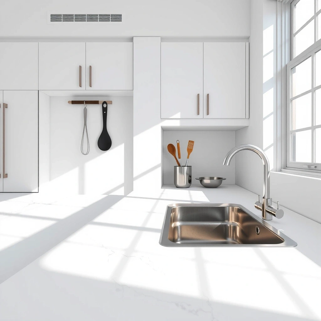 Clean kitchen counter reflecting light